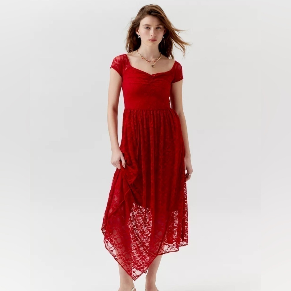 UO Urban Renewal Remnants Lace Cap Sleeve Asymmetric Red Maxi Dress Size S NWT